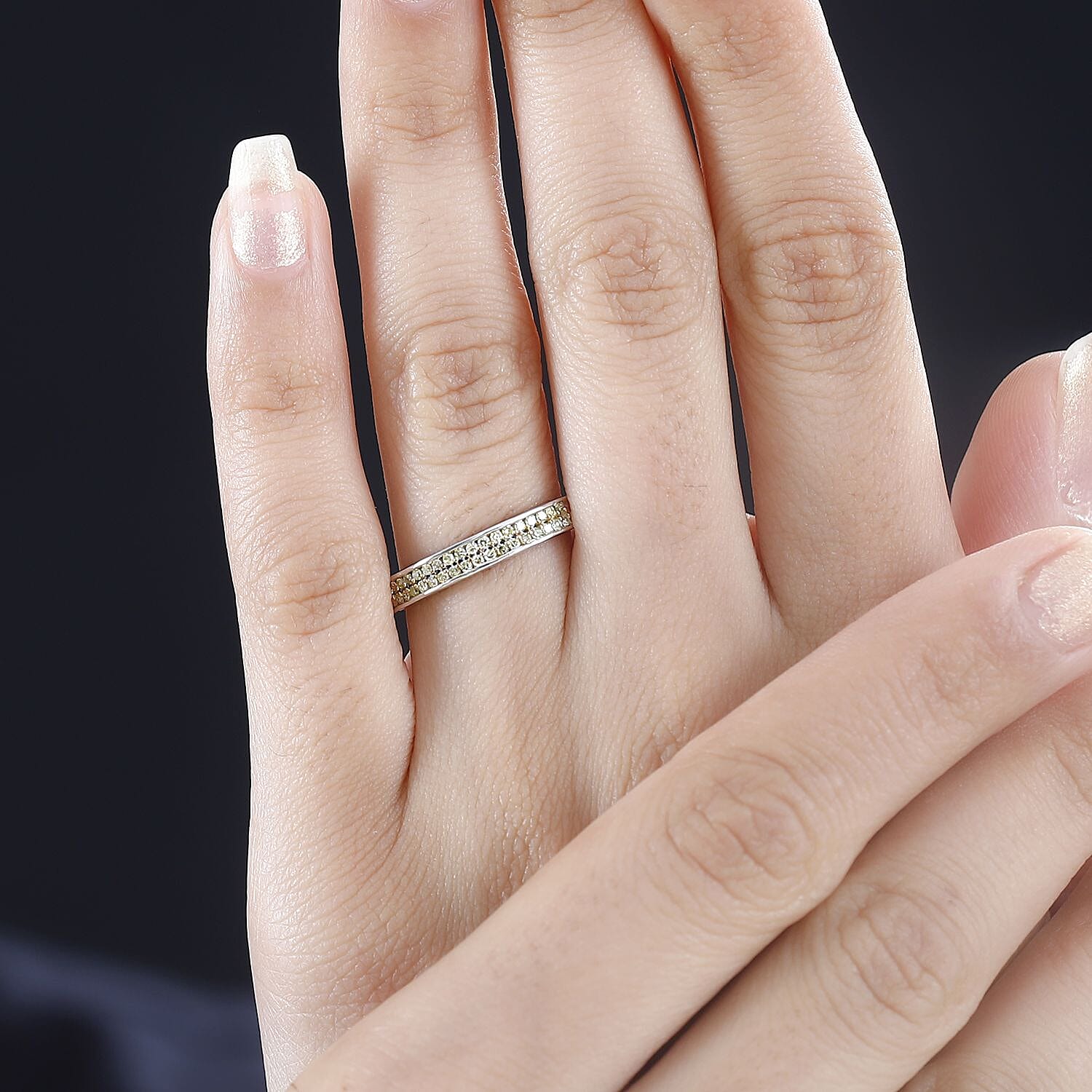 Natural Yellow Diamond I3 Band Ring in Rhodium Over Sterling Silver (Size 10.0) 0.25 ctw
