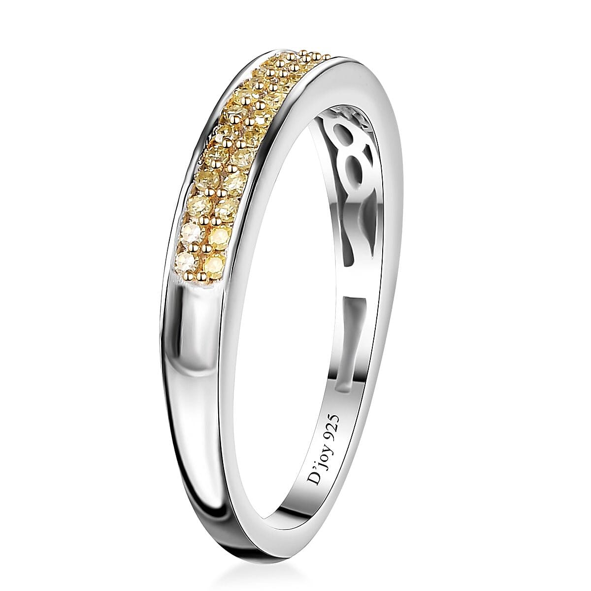 Natural Yellow Diamond I3 Band Ring in Rhodium Over Sterling Silver (Size 10.0) 0.25 ctw