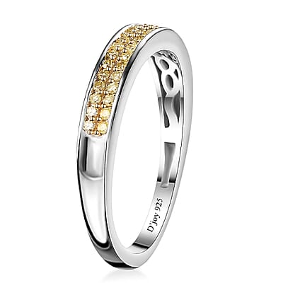 Natural Yellow Diamond I3 Band Ring in Rhodium Over Sterling Silver (Size 10.0) 0.25 ctw