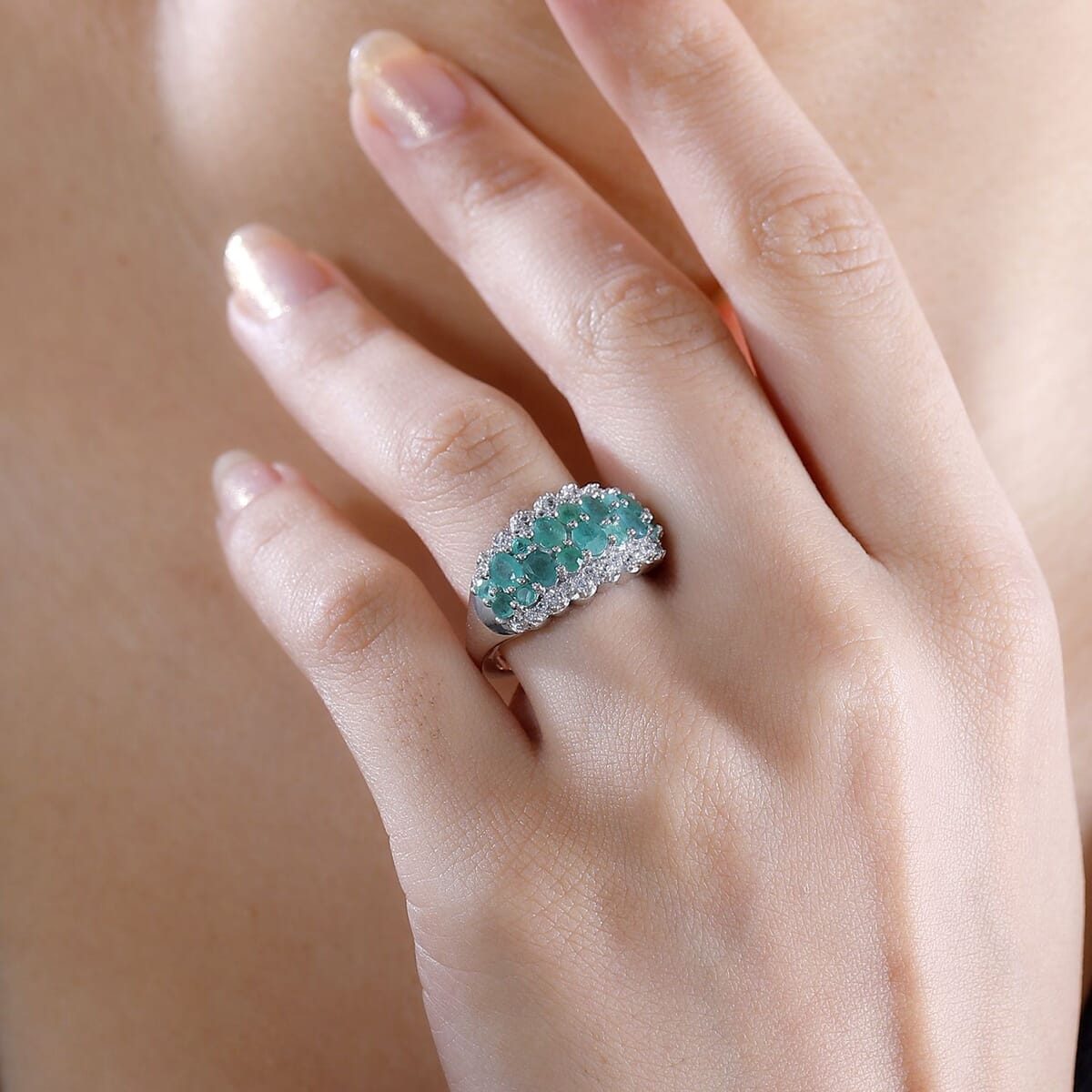 Kagem Zambian Emerald and White Zircon 2.35 ctw Serenity Nature Ring in Platinum Over Sterling Silver (Size 10.0) image number 2