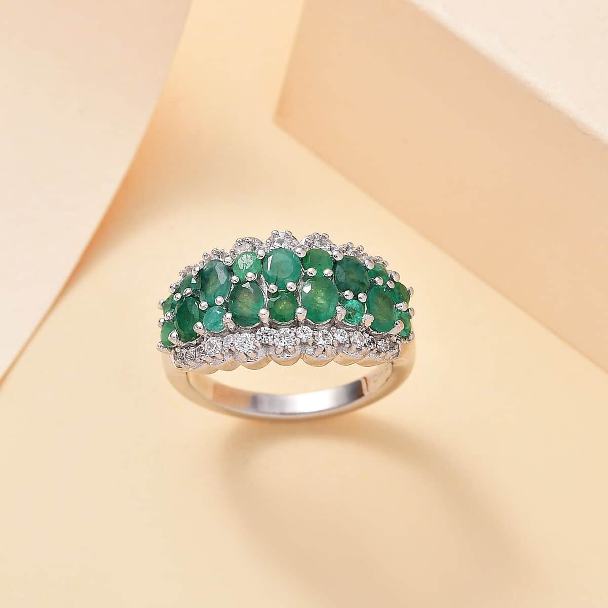 Kagem Zambian Emerald and White Zircon 2.35 ctw Serenity Nature Ring in Platinum Over Sterling Silver (Size 7.0) image number 1