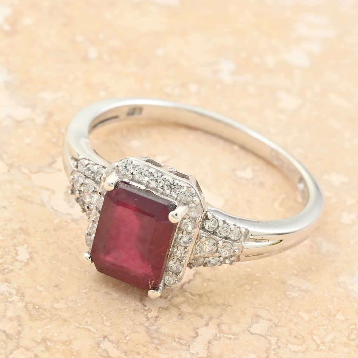 Niassa Ruby (FF) and White Zircon 2.75 ctw Ring in Rhodium Over Sterling Silver image number 1