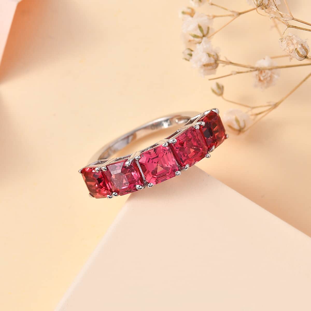 Lab Created Padparadscha Sapphire 5 Stone Ring in Rhodium Over Sterling Silver (Size 10.0) 4.50 ctw image number 1