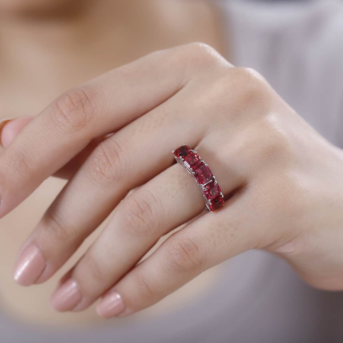 Lab Created Padparadscha Sapphire 5 Stone Ring in Rhodium Over Sterling Silver (Size 10.0) 4.50 ctw image number 2