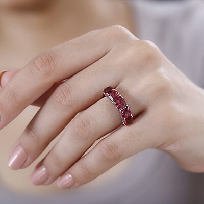 Lab Created Padparadscha Sapphire 4.50 ctw 5 Stone Ring in Rhodium Over Sterling Silver (Size 10.0)