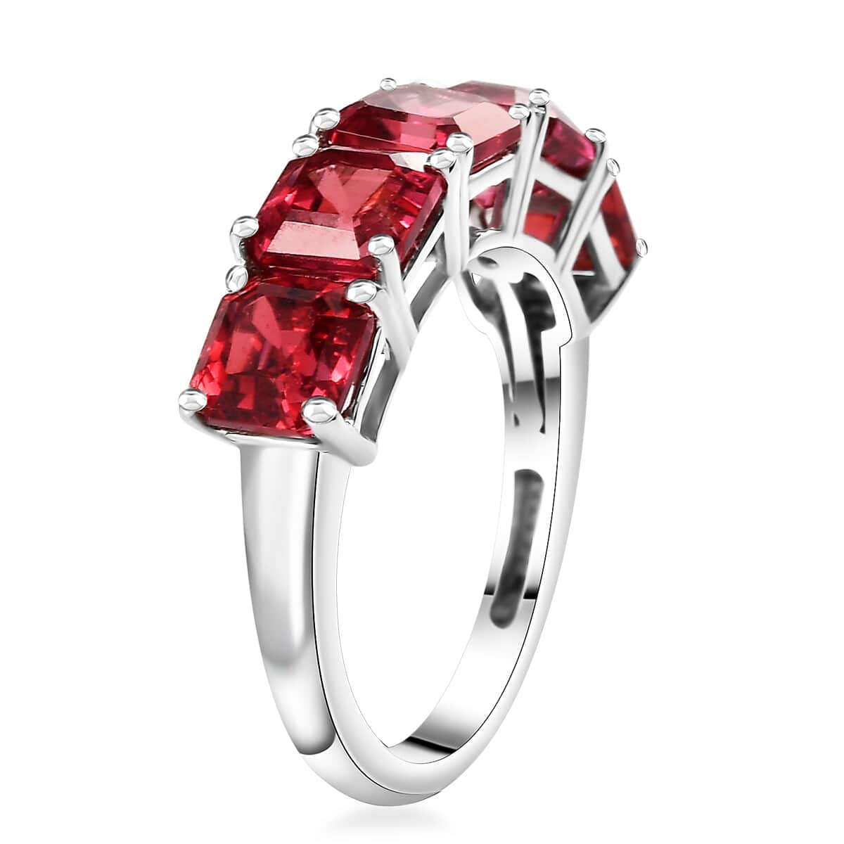 Lab Created Padparadscha Sapphire 5 Stone Ring in Rhodium Over Sterling Silver (Size 10.0) 4.50 ctw image number 3