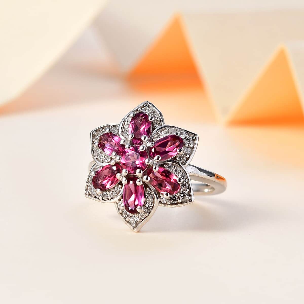 Tanzanian Wine Garnet and White Zircon Daisy Floral Ring in Rhodium Over Sterling Silver (Size 10.0) 2.50 ctw image number 1