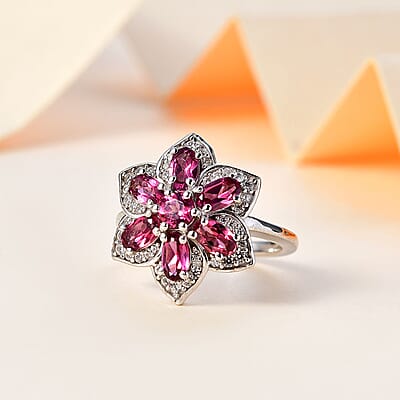 Tanzanian Wine Garnet and White Zircon Daisy Floral Ring in Rhodium Over Sterling Silver (Size 10.0) 2.50 ctw
