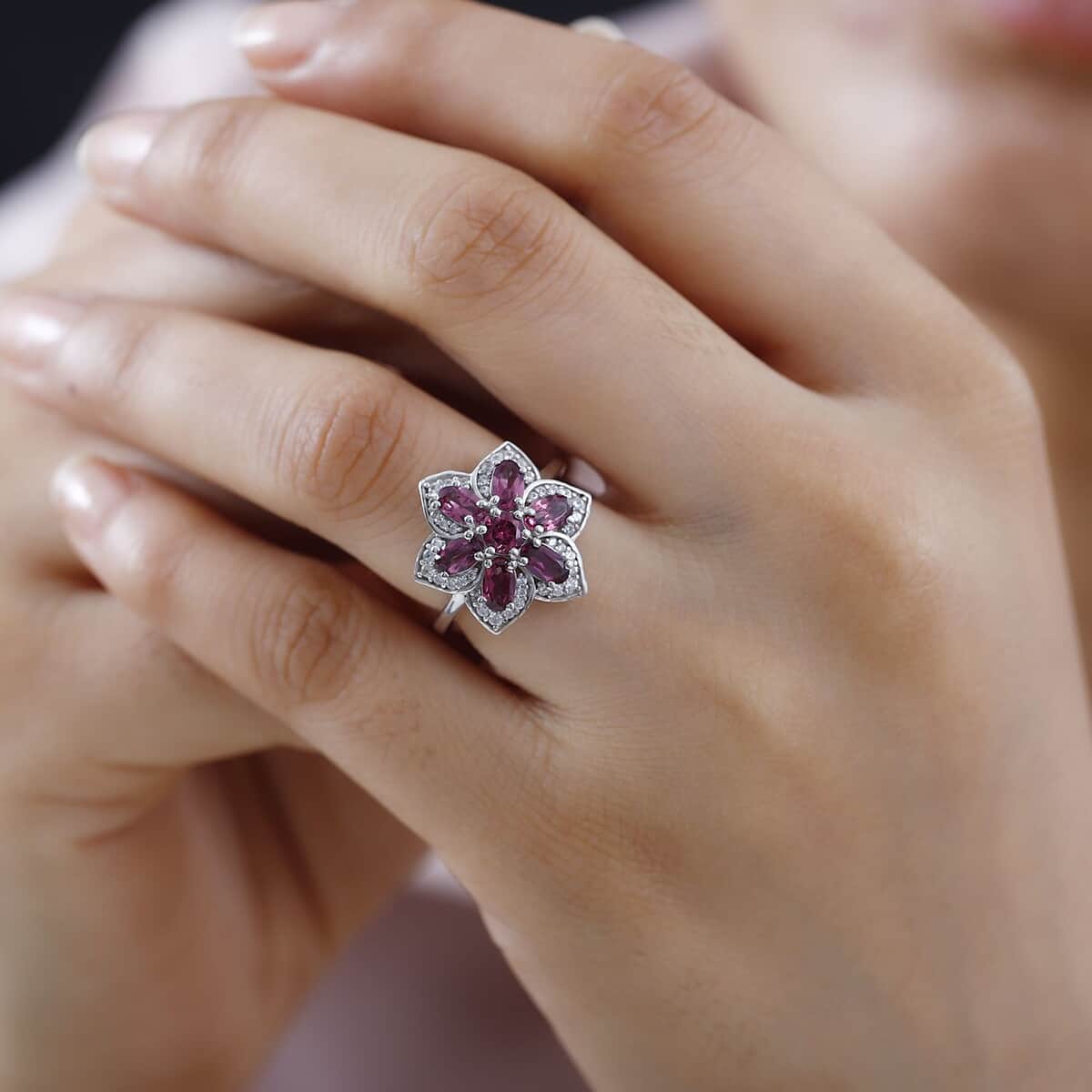 Premium Tanzanian Wine Garnet, White Zircon Floral Ring in Rhodium Over Sterling Silver (Size 10.0) 2.50 ctw image number 2