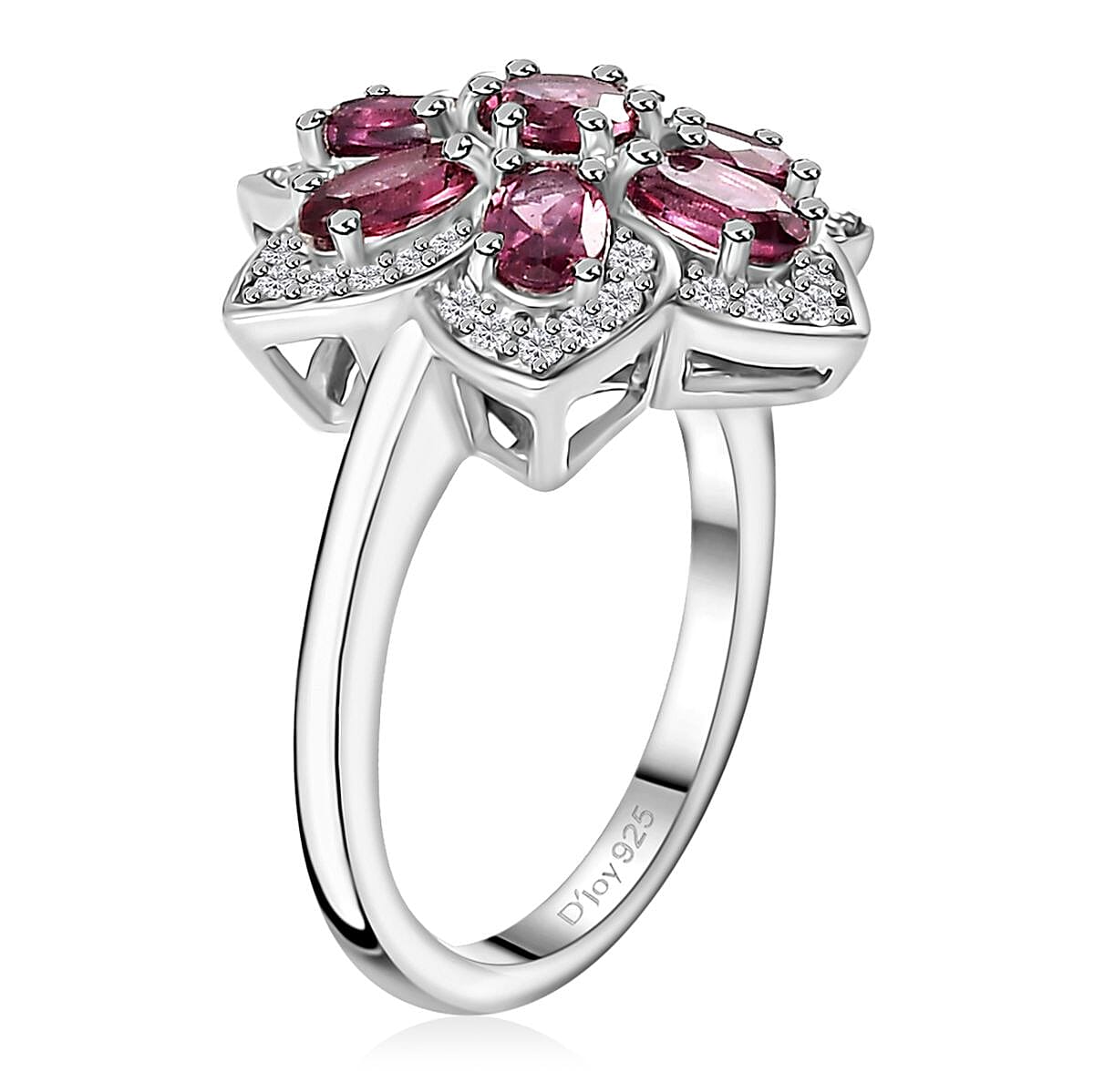 Tanzanian Wine Garnet and White Zircon Daisy Floral Ring in Rhodium Over Sterling Silver (Size 10.0) 2.50 ctw