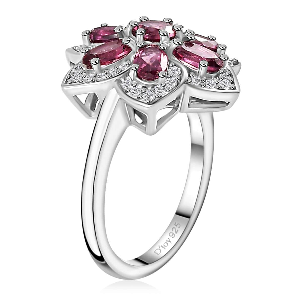 Tanzanian Wine Garnet and White Zircon Daisy Floral Ring in Rhodium Over Sterling Silver (Size 10.0) 2.50 ctw image number 3