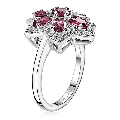 Tanzanian Wine Garnet and White Zircon Daisy Floral Ring in Rhodium Over Sterling Silver (Size 10.0) 2.50 ctw