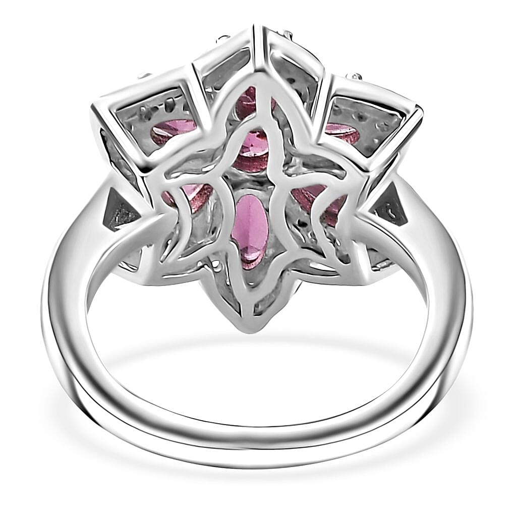 Tanzanian Wine Garnet and White Zircon Daisy Floral Ring in Rhodium Over Sterling Silver (Size 10.0) 2.50 ctw