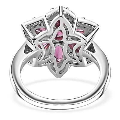 Tanzanian Wine Garnet and White Zircon Daisy Floral Ring in Rhodium Over Sterling Silver (Size 10.0) 2.50 ctw