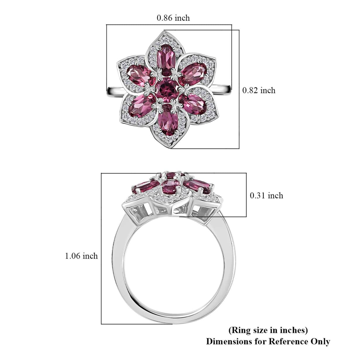 Tanzanian Wine Garnet and White Zircon Daisy Floral Ring in Rhodium Over Sterling Silver (Size 10.0) 2.50 ctw image number 5