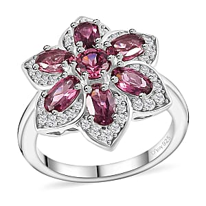 Tanzanian Wine Garnet and White Zircon Daisy Floral Ring in Rhodium Over Sterling Silver (Size 7.0) 2.50 ctw