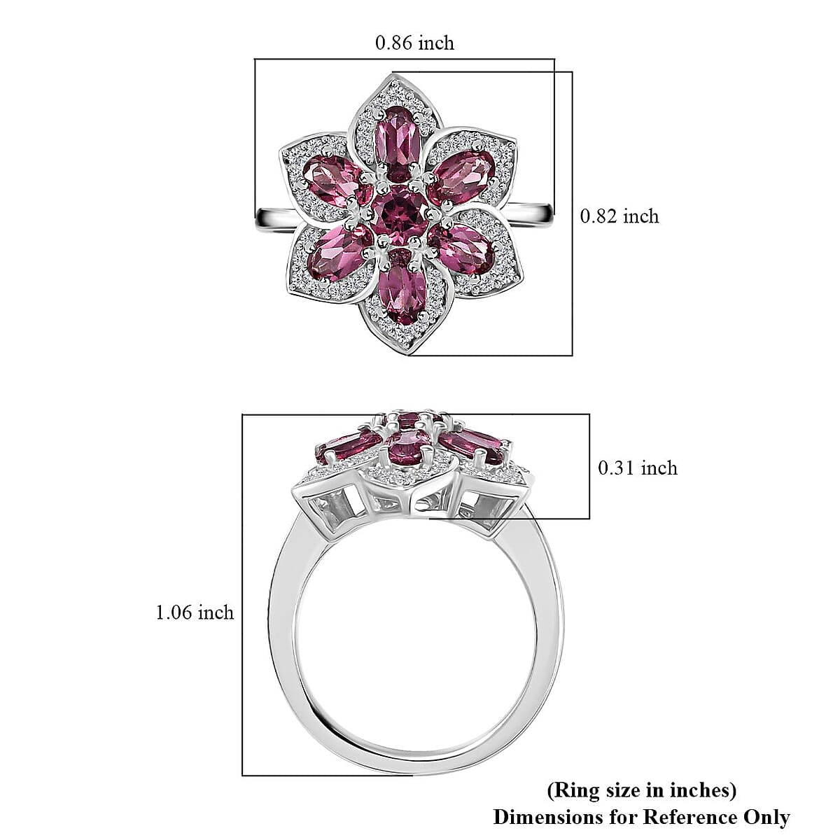 Tanzanian Wine Garnet and White Zircon Daisy Floral Ring in Rhodium Over Sterling Silver (Size 7.0) 2.50 ctw image number 5