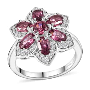 Tanzanian Wine Garnet and White Zircon Daisy Floral Ring in Rhodium Over Sterling Silver (Size 8.0) 2.50 ctw