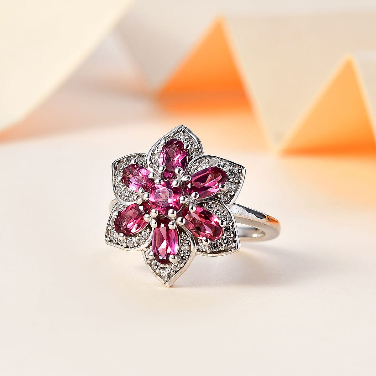 Tanzanian Wine Garnet and White Zircon Daisy Floral Ring in Rhodium Over Sterling Silver (Size 8.0) 2.50 ctw image number 1