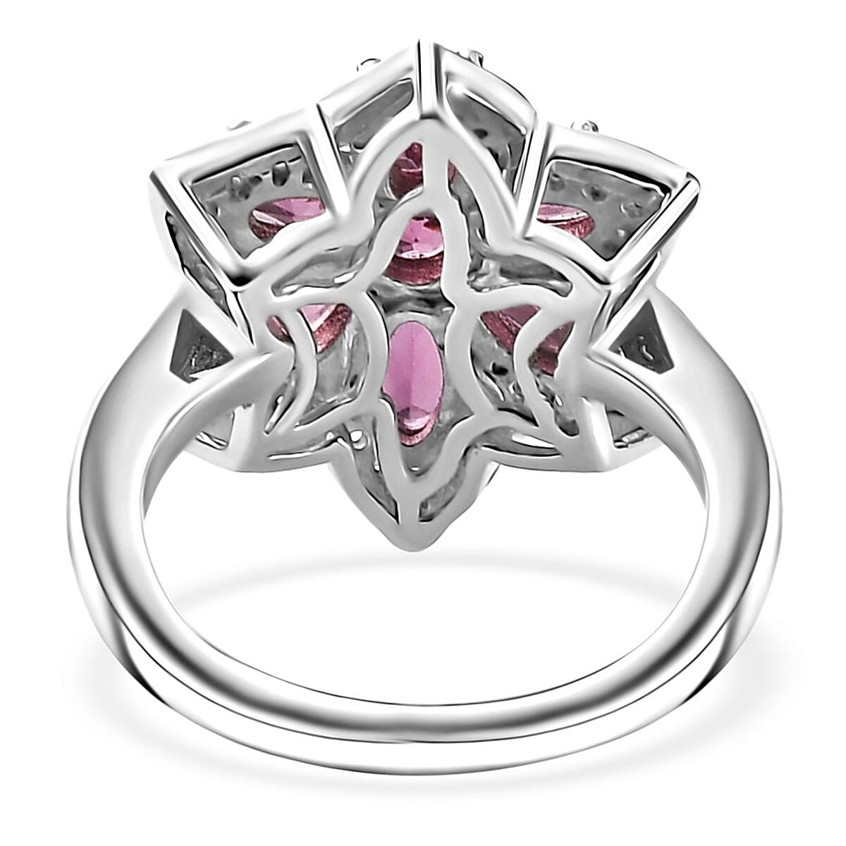 Tanzanian Wine Garnet and White Zircon Daisy Floral Ring in Rhodium Over Sterling Silver (Size 8.0) 2.50 ctw image number 4