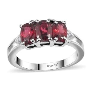 Tanzanian Wine Garnet and White Zircon Trilogy Ring in Rhodium Over Sterling Silver (Size 10.0) 2.20 ctw