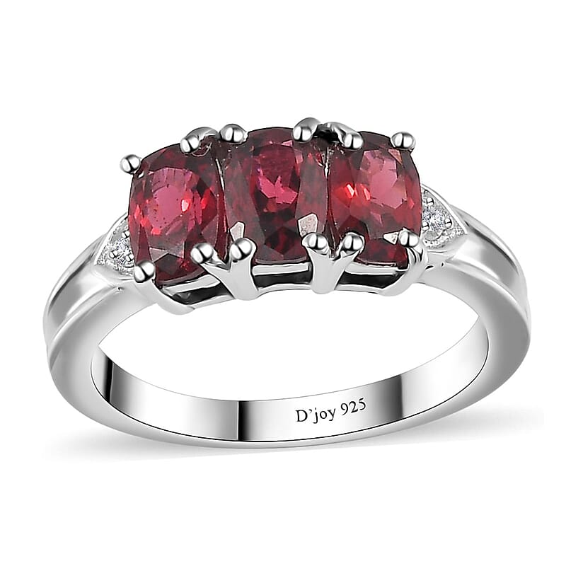 Tanzanian Wine Garnet and White Zircon Trilogy Ring in Rhodium Over Sterling Silver (Size 10.0) 2.20 ctw