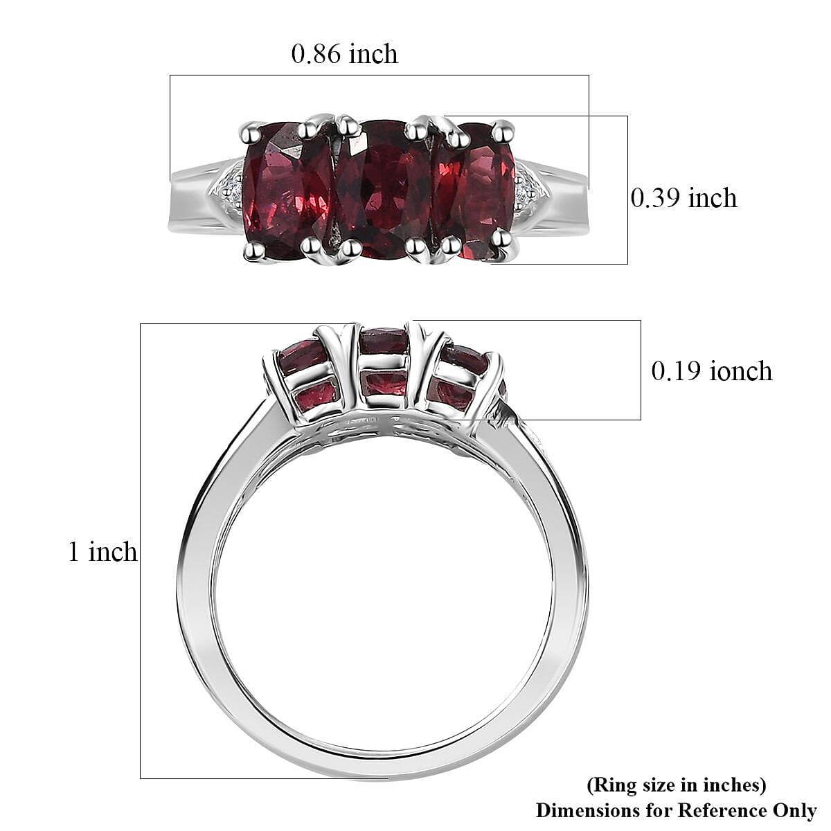 Tanzanian Wine Garnet and White Zircon Trilogy Ring in Rhodium Over Sterling Silver (Size 10.0) 2.20 ctw