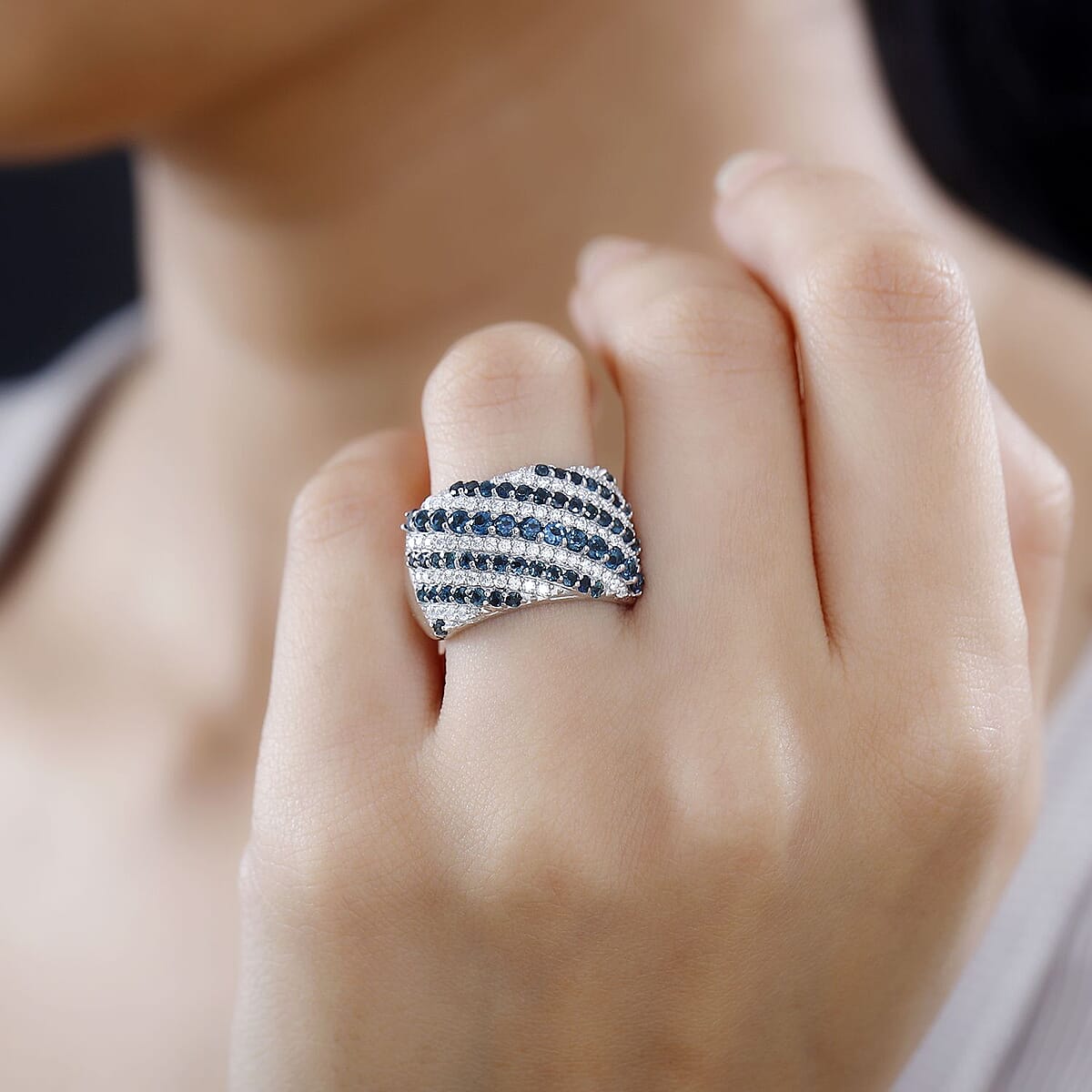 Premium Monte Belo Indicolite and Moissanite Ring in Rhodium Over Sterling Silver (Size 7.0) 1.90 ctw image number 2