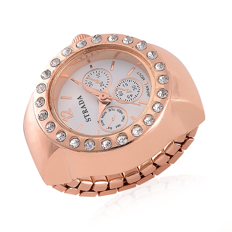 Strada Austrian Crystal Japanese Movement Ring Watch in ION Plated RG Stainless Steel (Size 5-7)