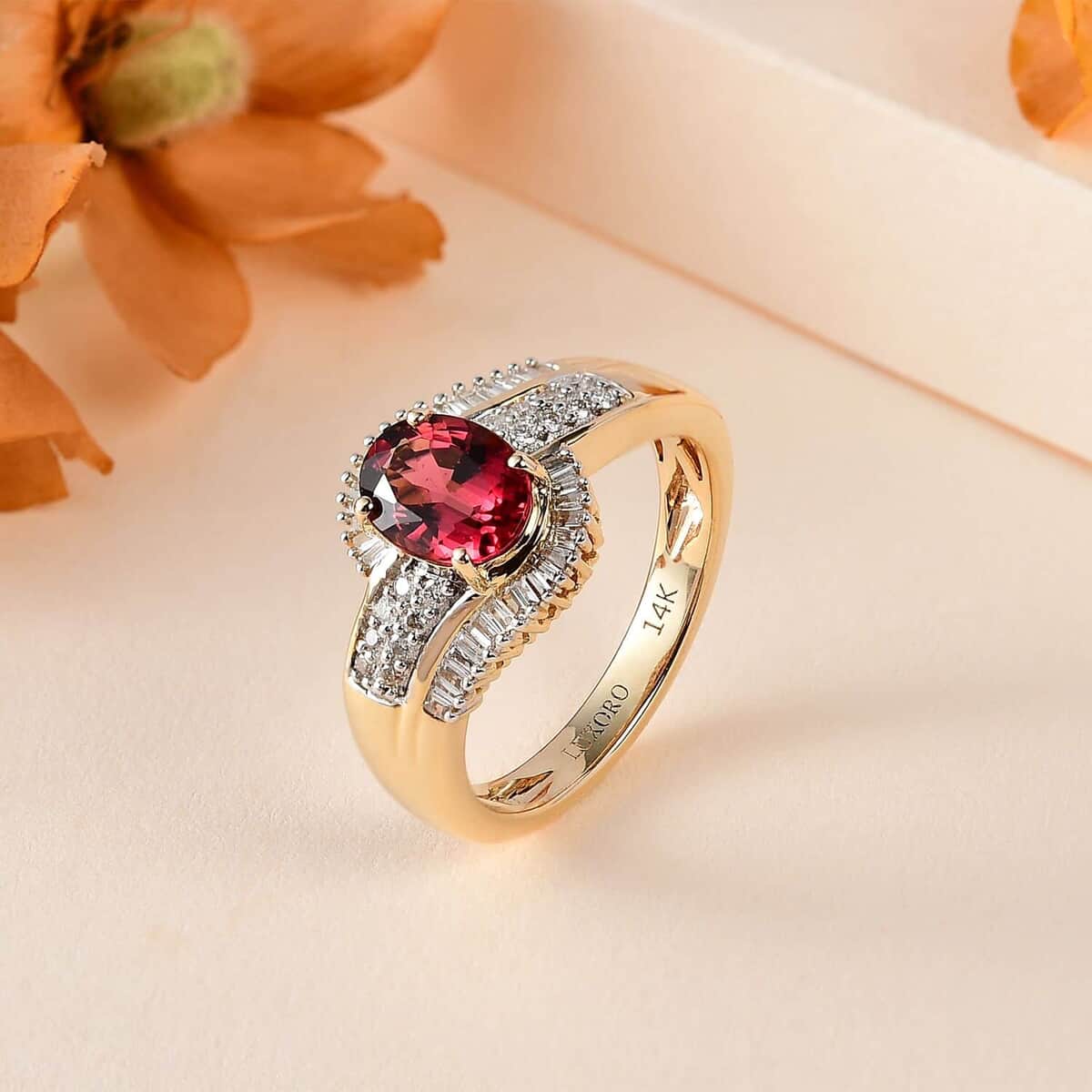 Luxoro 14K Yellow Gold AAA Ofiki Rubellite, Diamond (G-H, I2) (0.35 cts) Bypass Ring (Size 10.0) (5.0 g) 1.75 ctw image number 1