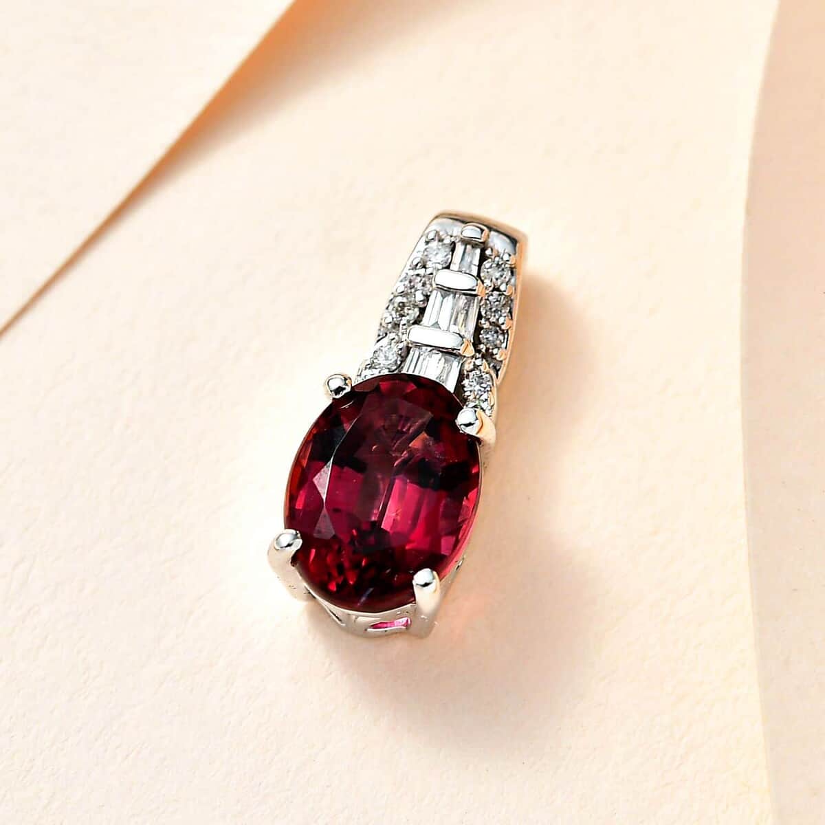 Luxoro 10K White Gold AAA Ofiki Rubellite and G-H I2 Diamond Pendant 1.40 ctw image number 1