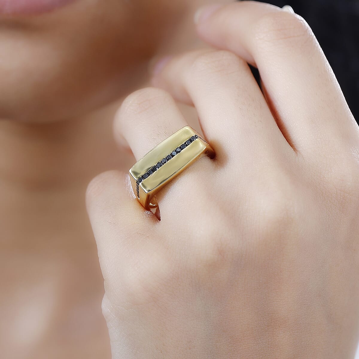 GP Royal Art Deco Collection Black Diamond Men's Ring in 18K Vermeil Yellow Gold Over Sterling Silver (Size 11.0) 0.35 ctw image number 2