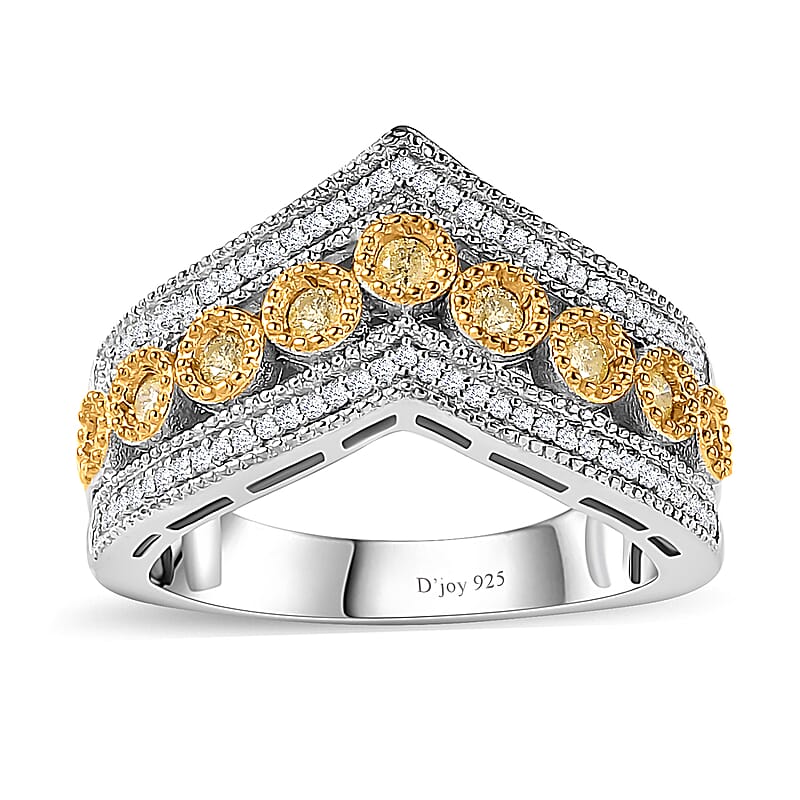 Natural Yellow Diamond I3 and White Diamond Chevron Ring in Rhodium Over Sterling Silver (Size 10.0) 0.50 ctw
