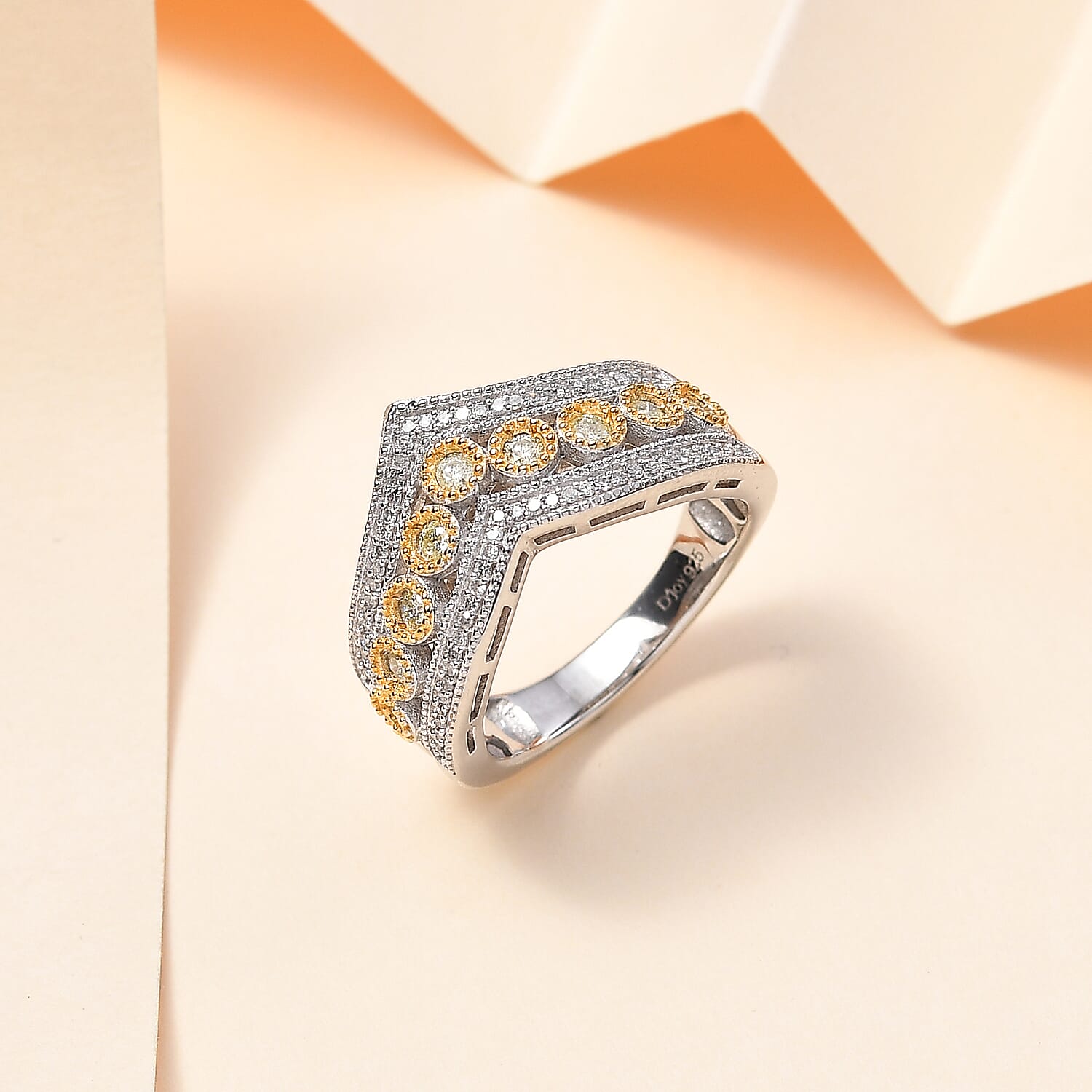 Natural Yellow Diamond I3 and White Diamond Chevron Ring in Rhodium Over Sterling Silver (Size 10.0) 0.50 ctw