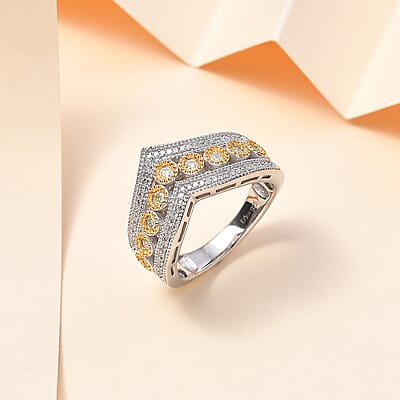 Natural Yellow Diamond I3 and White Diamond Chevron Ring in Rhodium Over Sterling Silver (Size 10.0) 0.50 ctw