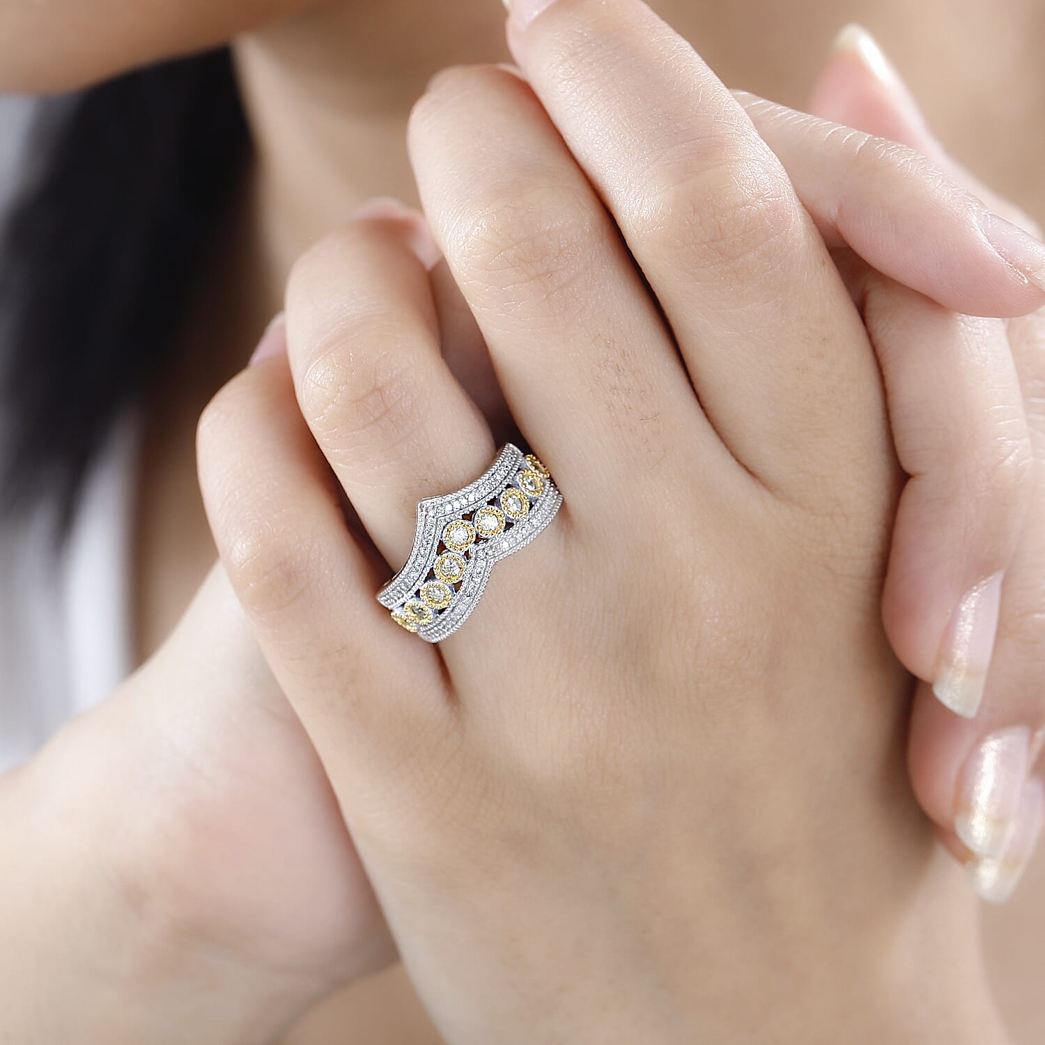 Natural Yellow Diamond I3 and White Diamond Chevron Ring in Rhodium Over Sterling Silver (Size 10.0) 0.50 ctw