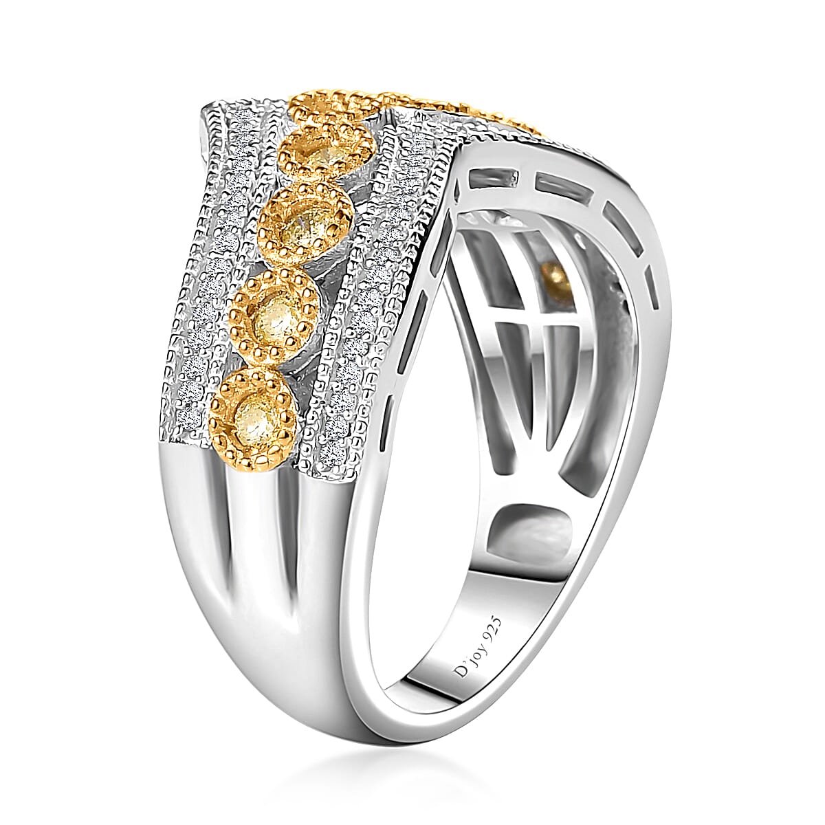 Natural Yellow Diamond I3 and White Diamond Chevron Ring in Rhodium Over Sterling Silver (Size 10.0) 0.50 ctw
