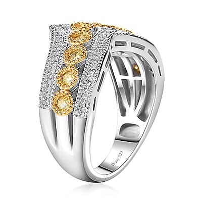 Natural Yellow Diamond I3 and White Diamond Chevron Ring in Rhodium Over Sterling Silver (Size 10.0) 0.50 ctw