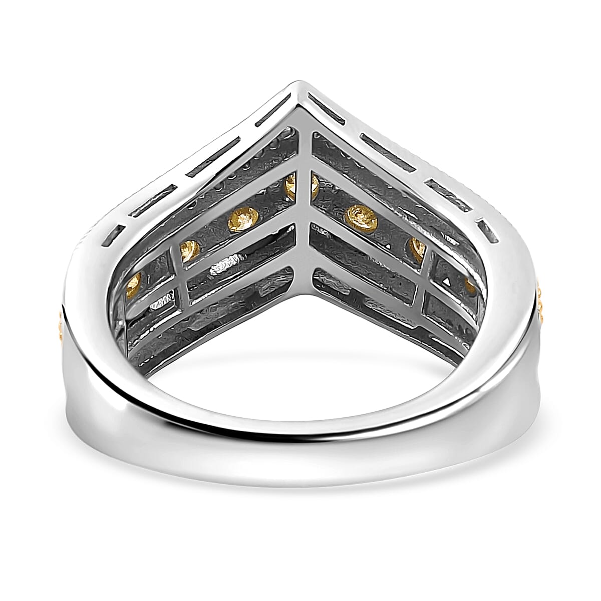 Natural Yellow Diamond I3 and White Diamond Chevron Ring in Rhodium Over Sterling Silver (Size 10.0) 0.50 ctw