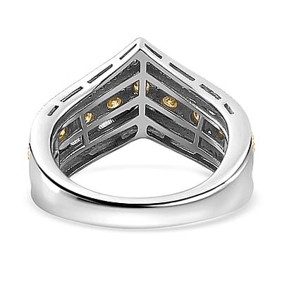 Natural Yellow Diamond I3 and White Diamond Chevron Ring in Rhodium Over Sterling Silver (Size 10.0) 0.50 ctw