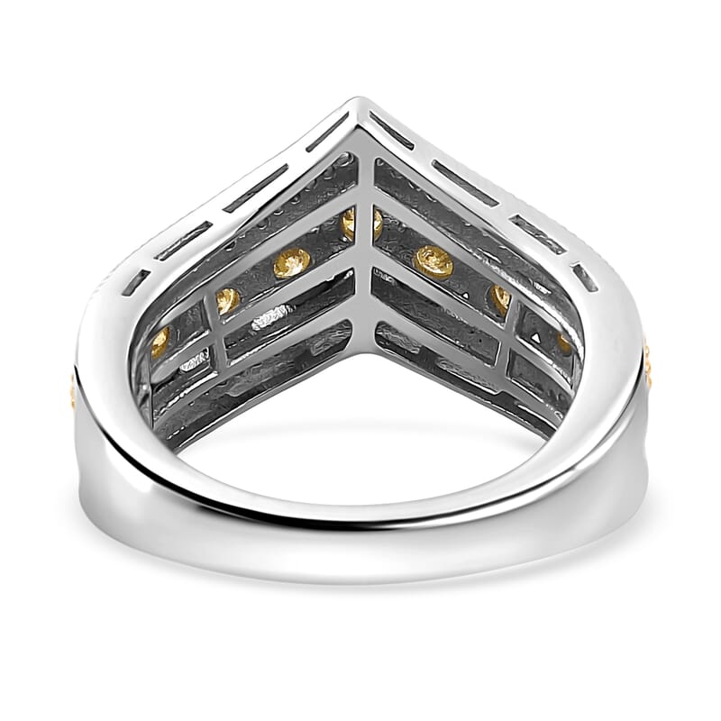 Natural Yellow Diamond I3 and White Diamond Chevron Ring in Rhodium Over Sterling Silver (Size 10.0) 0.50 ctw