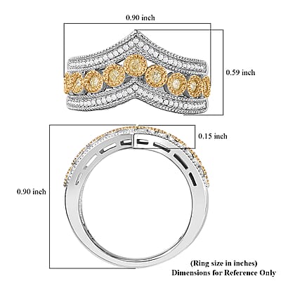 Natural Yellow Diamond I3 and White Diamond Chevron Ring in Rhodium Over Sterling Silver (Size 10.0) 0.50 ctw