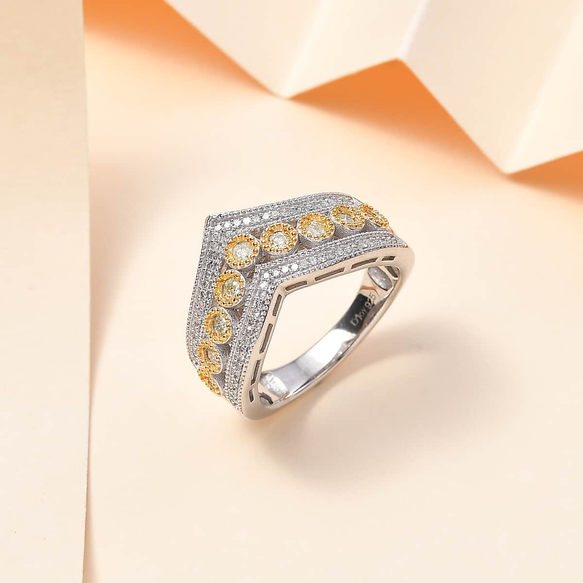 Natural Yellow Diamond I3 and White Diamond Chevron Ring in Rhodium Over Sterling Silver (Size 6.0) 0.50 ctw image number 1