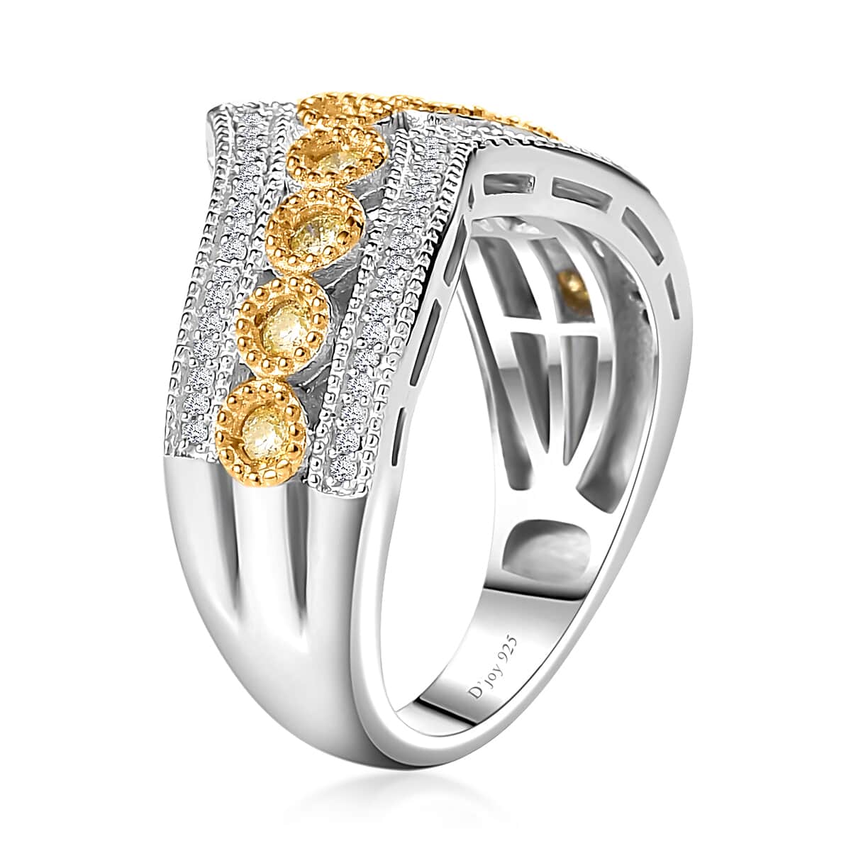 Natural Yellow Diamond I3 and White Diamond Chevron Ring in Rhodium Over Sterling Silver (Size 6.0) 0.50 ctw image number 3