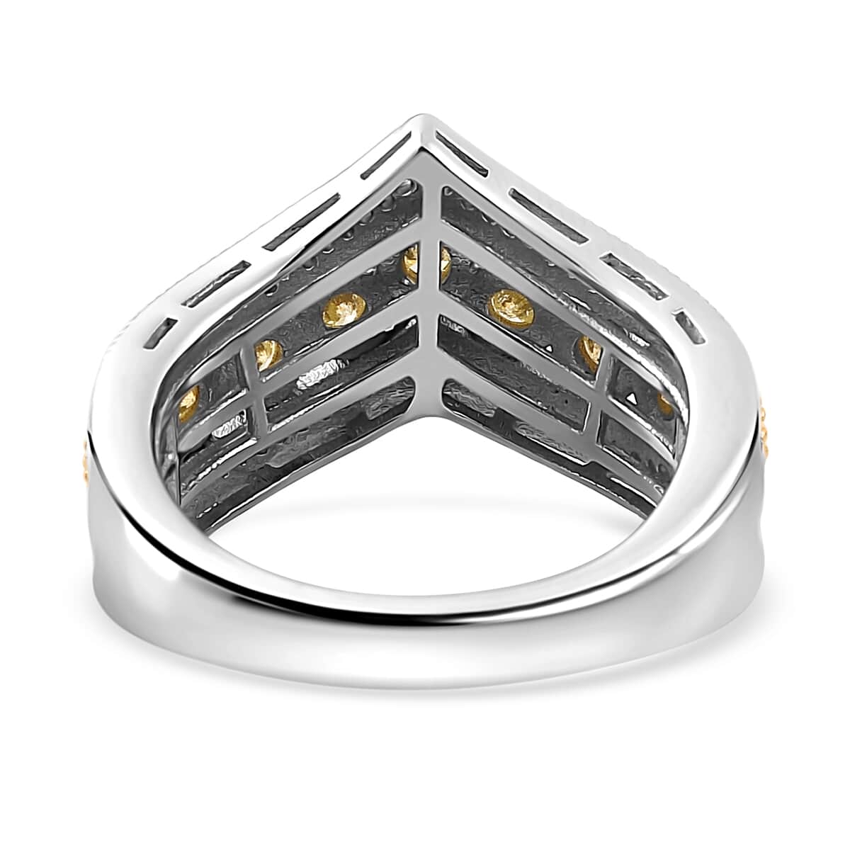 Natural Yellow Diamond I3 and White Diamond Chevron Ring in Rhodium Over Sterling Silver (Size 6.0) 0.50 ctw image number 4