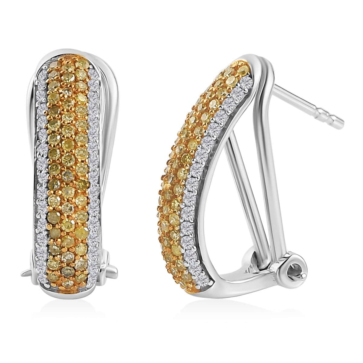 Natural Yellow Diamond I3 and White Diamond Omega Clip Earrings in Rhodium Over Sterling Silver 1.00 ctw image number 0