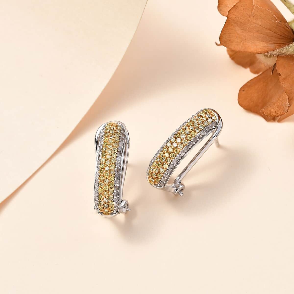 Natural Yellow Diamond I3 and White Diamond Omega Clip Earrings in Rhodium Over Sterling Silver 1.00 ctw image number 1