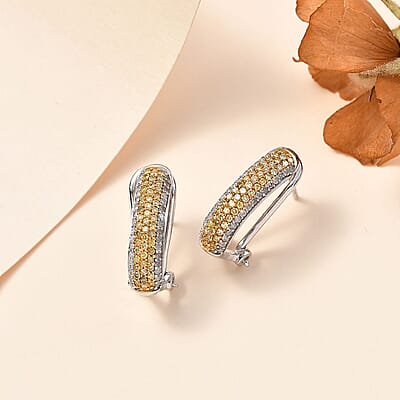 Natural Yellow Diamond I3 and White Diamond Omega Clip Earrings in Rhodium Over Sterling Silver 1.00 ctw
