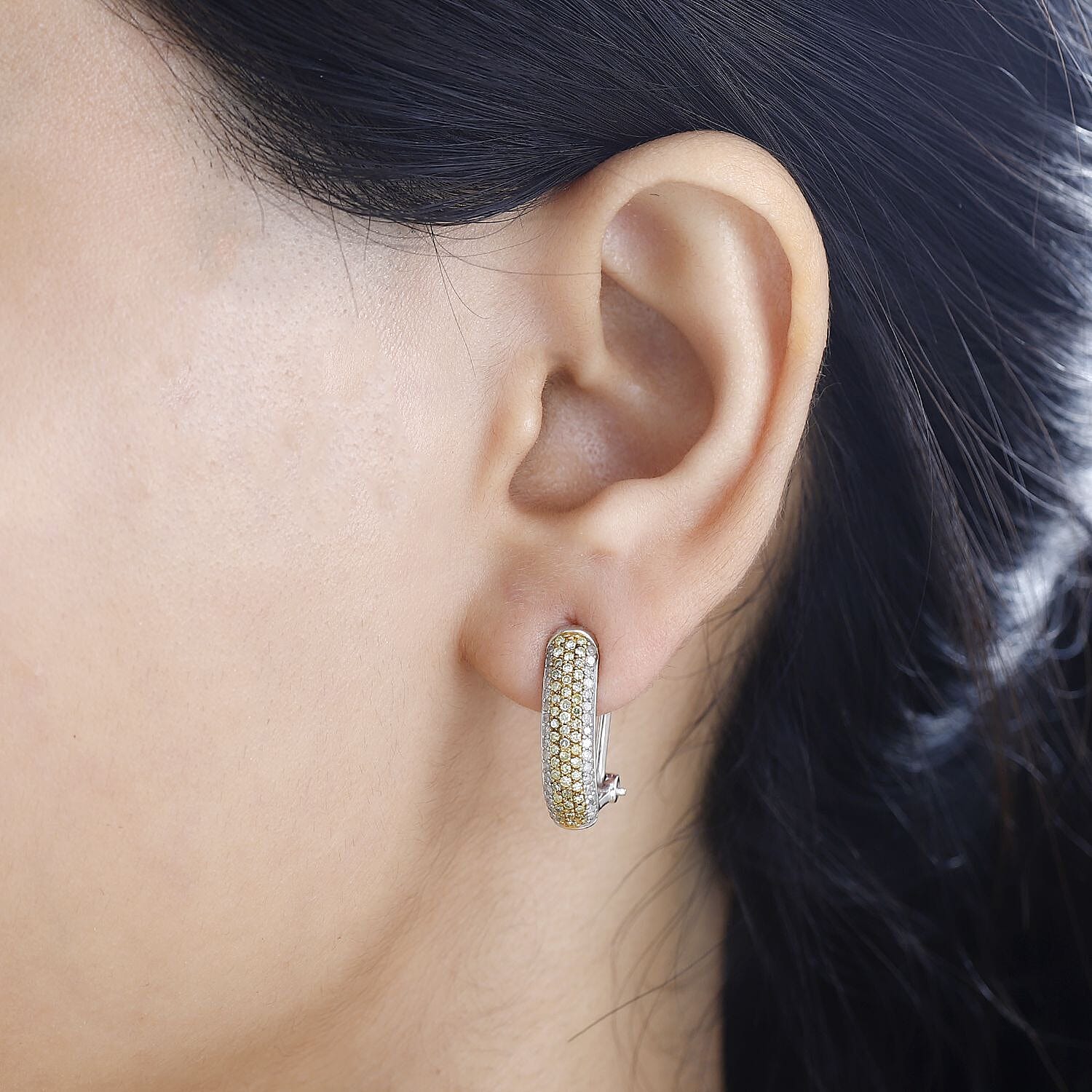 Natural Yellow Diamond I3 and White Diamond Omega Clip Earrings in Rhodium Over Sterling Silver 1.00 ctw