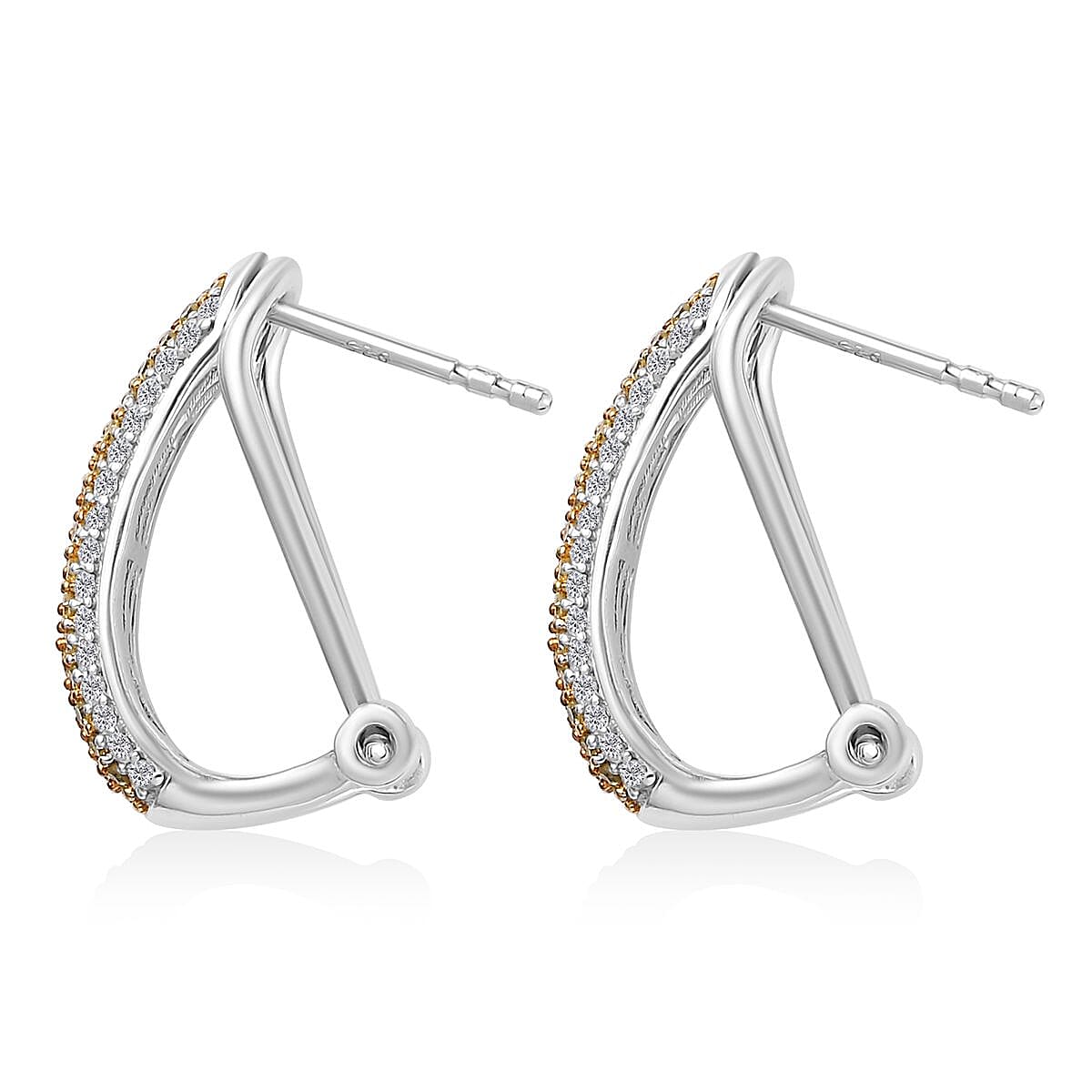 Natural Yellow Diamond I3 and White Diamond Omega Clip Earrings in Rhodium Over Sterling Silver 1.00 ctw